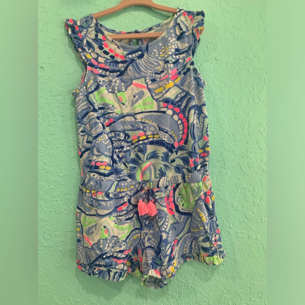 Lilly Pulitzer Blue romper Neon Pink & Lime preppy M 6-7 cotton coastal girls